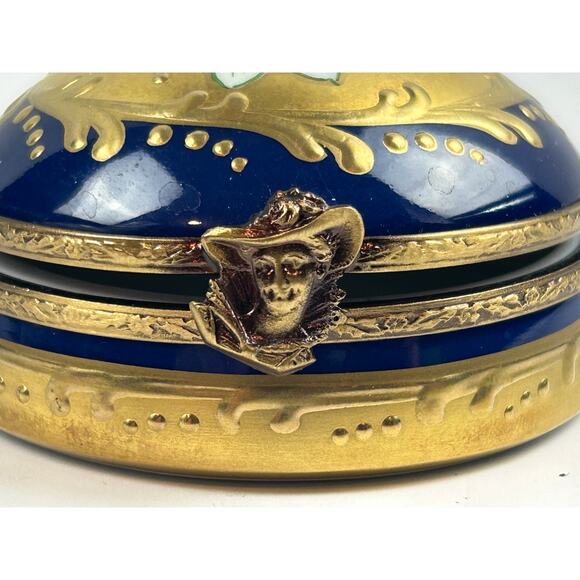 Rochard Limoges France Round Trinket Box Hand Painted Floral Cobalt Gold - Picture 2 of 10